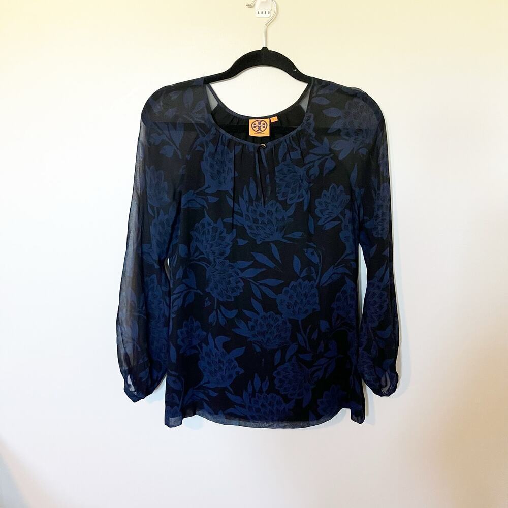 Tory Burch black blue floral silk long sleeve blouse women size 2 - Picture 1 of 9